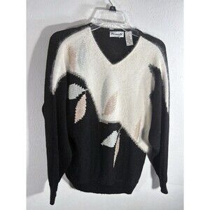 Plymouth Vintage Black w/ White Soft Angora Rayon Blend Sweater Woman Sz Medium